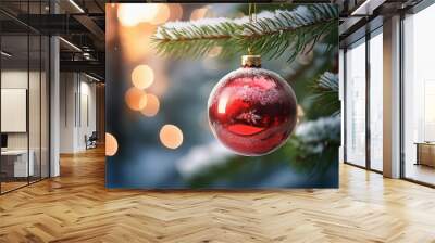 A frosted red ornament hangs on a snow-dusted pine branch, with warm bokeh lights in the background, creating a festive holiday atmosphere Wall mural