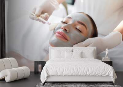 Beautiful woman having facial cosmetic treatment from professional dermatologist at wellness spa. Facial skin care concept Wall mural