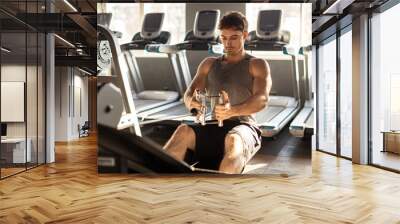 Muscular man exercising in gym, training hard and pulling weights in seated cable row machine. Bodybuilder, fitness concept Wall mural