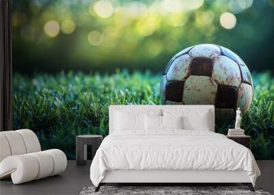 A weathered soccer ball resting on lush green grass under soft afternoon light Wall mural