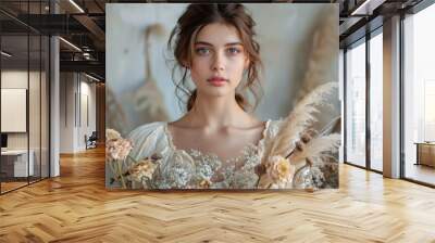 A young woman surrounded by soft peach flowers in a serene and bright indoor setting Wall mural