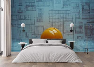 Construction helmet placed on blueprints in a professional work environment Wall mural