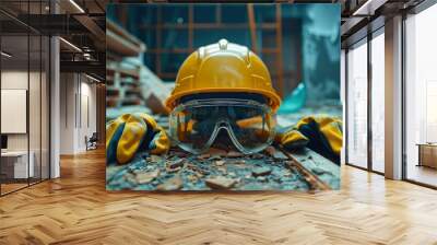 Construction safety gear on a worksite with debris scattered around during the day Wall mural