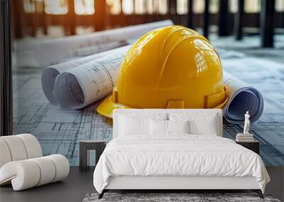 Construction tools and plans on a blue background featuring a yellow hard hat and hammer Wall mural