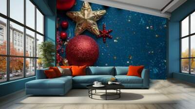 Elegant red and gold Christmas decoration featuring stars, berries, and festive floral accents Wall mural