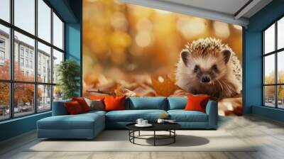 Hedgehog in Autumn Leaves Wall mural