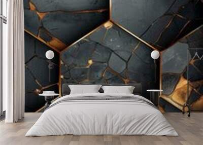 Intricate hexagon pattern featuring dark stone with golden accents for a modern design aesthetic Wall mural