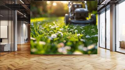 Lawn Mower on Lush Green Field Wall mural