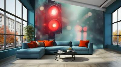 Red Traffic Light in the Rain Wall mural