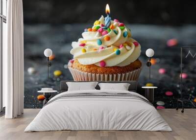 Single Vanilla Cupcake With Sprinkles and Candle on a Grey Surface Wall mural