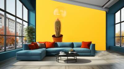 Soap bubble on a cactus on a yellow background. Wall mural