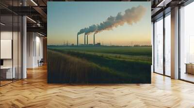 Industrial Landscape: Smoke Stacks and Power Lines at Dusk Wall mural