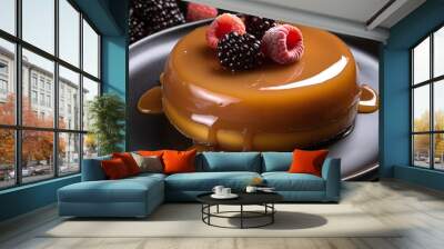 A caramel glazed dessert adorned with fresh berries rests on a dark plate Wall mural