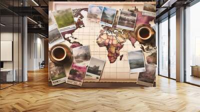 A collage of travel photos and maps spread out with two coffee cups Wall mural