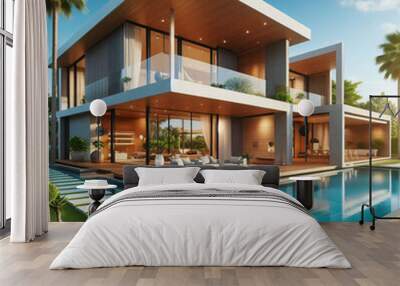 A modern luxury villa with a large pool and lush green lawn Wall mural