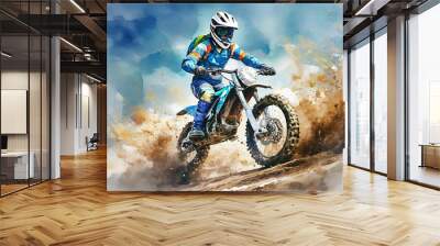 A motocross rider in blue gear, white helmet, rides a blue bike, kicking up dirt under a clear sky. Action-packed! Wall mural