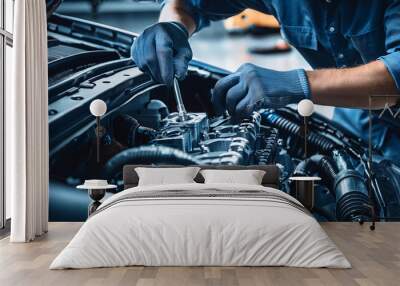 An auto mechanic diligently works on a car engine in an auto repair shop Wall mural