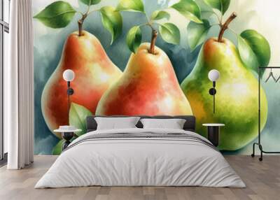 Three pears, one red, one green, and one with a gradient of red to green, with leaves attached, painted in a watercolor style Wall mural