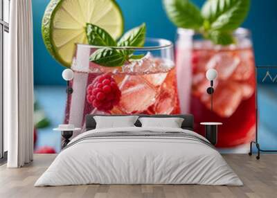 Two glasses filled with a red cocktail garnished with raspberries, lime and basil leaves Wall mural