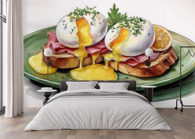 Vibrant digital artwork of eggs benedict on toast with ham and herbs Wall mural