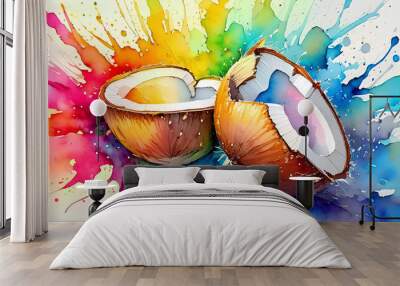 Watercolor painting of two coconut halves bursting with vibrant colors and splashes Wall mural