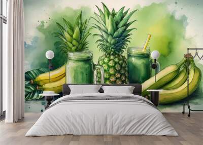 Watercolor painting of two mason jars filled with green smoothie, surrounded by pineapples and bananas Wall mural