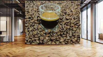 Hot coffee espresso shot in coffee beans Wall mural