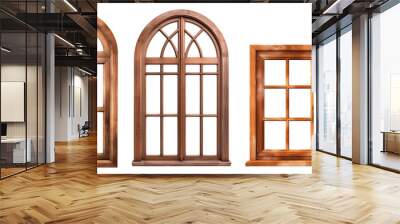 Set/collage of wooden windows of different shapes. Rectangular window with wooden frame. Semicircular arched window with wooden frame. Isolated on a transparent background. Wall mural