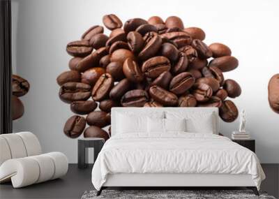 Set of scattered coffee beans. Design elements for cafe and coffee beans. A bunch of coffee. The coffee beans are stacked on top of each other. Isolated on transparent background. KI. Wall mural