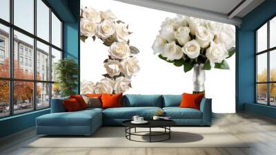 Set of white roses. Two roses in a white vase, a bouquet of white roses, an arrangement of white roses, a wreath of white roses, an arrangement of white roses.Isolated on a transparent background. KI. Wall mural