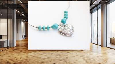 Silver heart with turquoise beads necklace Wall mural