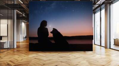 Black silhouettes of a girl and Border collie dog on the star night background Wall mural