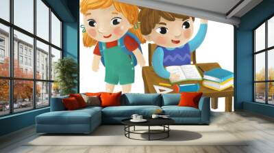 cartoon child kid girl and boy pupil sitting in school desk learning reading childhood illustration for kids Wall mural