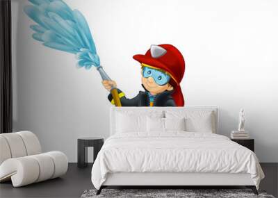 Cartoon happy and funny fireman - isolated background - illustration for children Wall mural