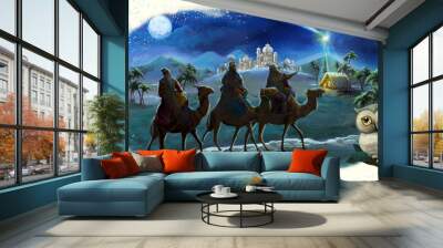 cartoon illustration of the holy family and three kings and owl - illustration Wall mural