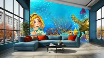 Cartoon ocean and the mermaid in underwater kingdom swimming and having fun - illustration for children Wall mural