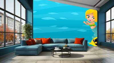 Cartoon ocean and the mermaid in underwater kingdom swimming diving illustration for kids Wall mural