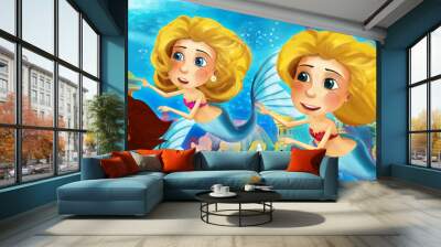 Cartoon ocean and the mermaid in underwater kingdom swimming with fishes and having fun - illustration for children Wall mural