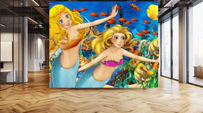 Cartoon ocean and the mermaid in underwater kingdom swimming with fishes - illustration for children Wall mural