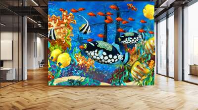 cartoon scene animals swimming on colorful and bright coral reef - illustration for children Wall mural