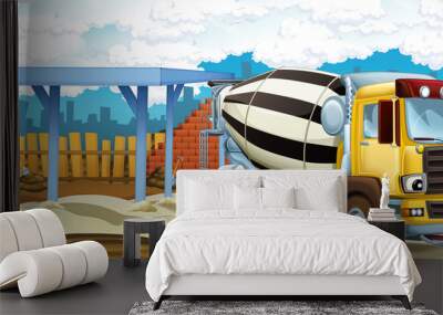 cartoon scene of a construction site with different heavy machines Wall mural