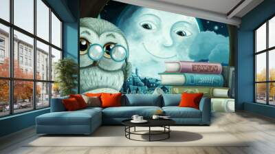 cartoon scene wise owl in tree house reading books near the city illustration Wall mural