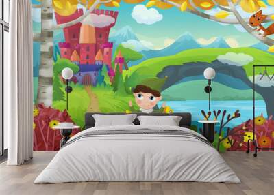 cartoon scene with cheerful smiling dwarf near fairy tale magical castle illustration for children Wall mural