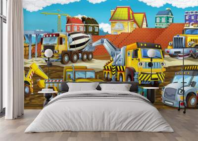 cartoon scene with different happy construction site vehicles - illustration for children Wall mural