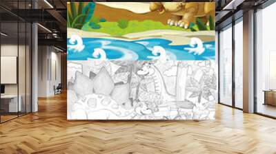 cartoon scene with dinosaurs in the jungle - with coloring page - illustration for children Wall mural