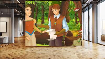 cartoon scene with happy young girl and boy prince and princess in the forest encountering pair of owls flying - illustration for children Wall mural