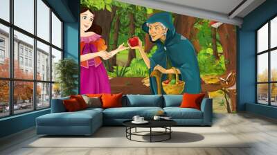 cartoon scene with happy young girl princess and sorceress witch in the forest encountering pair of owls flying - illustration for children Wall mural