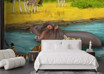 cartoon scene with hippopotamus hippo swimming in river near the meadow and giraffes resting illustration for children Wall mural