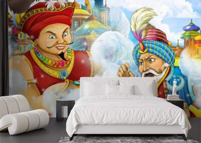 cartoon scene with medieval arabic kingdom prince or king traveling encountering magician - far east ornaments - the stage for different usage - illustration for children Wall mural