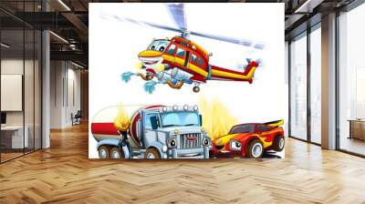 cartoon scene with two cars crashing in accident sports car and construction site cistern with flying fireman helicopter isolated illustration for children Wall mural